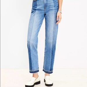 LOFT Striped Let Down Hem High Rise Straight Jeans in Original Mid Indigo Wash
